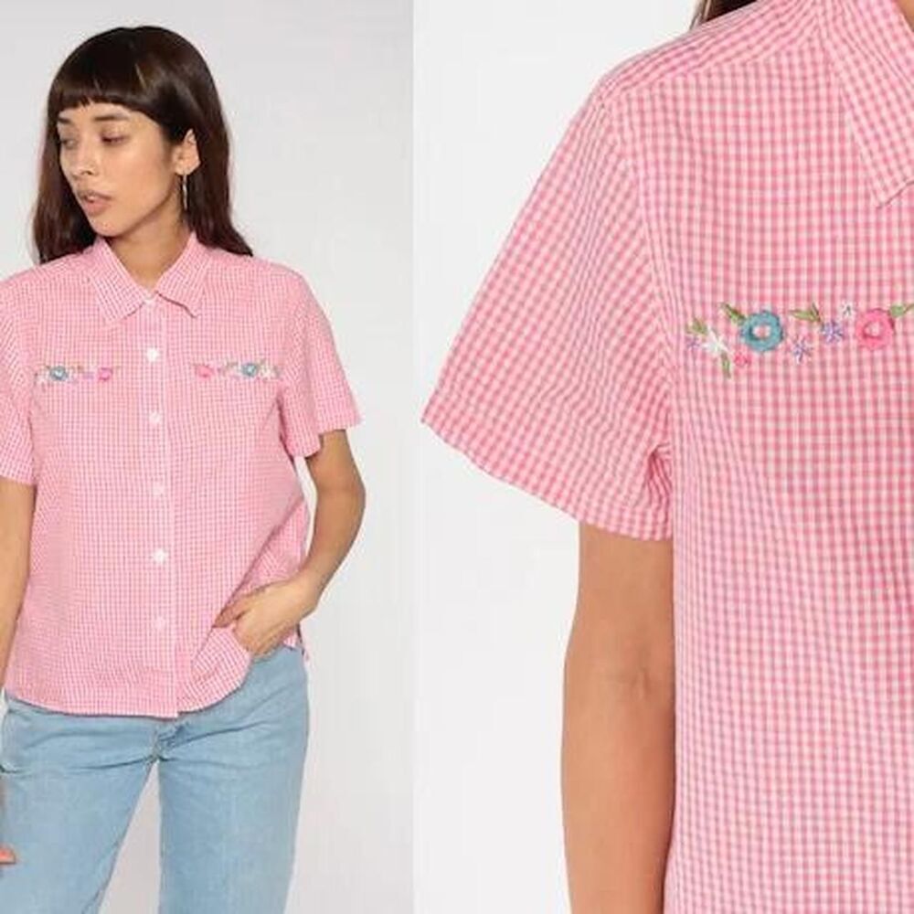 VINTAGE Blair Cotton Pink Plaid Gingham Top with floral embroidery | One size